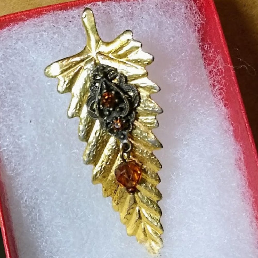 Vintage Embellished Jeweled Leaf Brooch